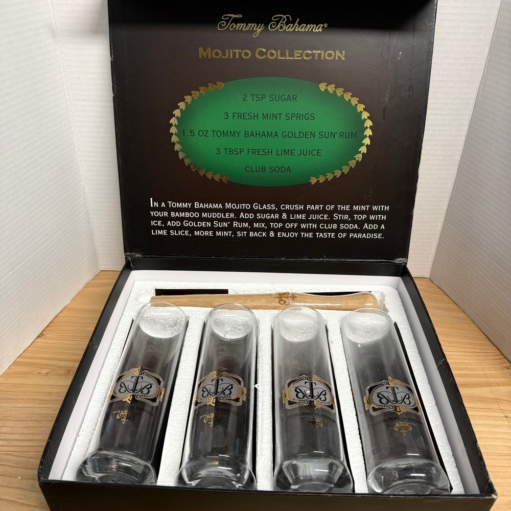 Tommy Bahama Mojito Collection Set 4 Glasses and Bamboo Muddler Barware Boxed